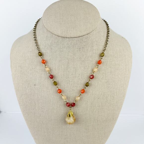 Boho Orange & Red Beaded‎ Necklace – Geode Pendant, Gold Chain, Adjustable - Picture 1 of 5